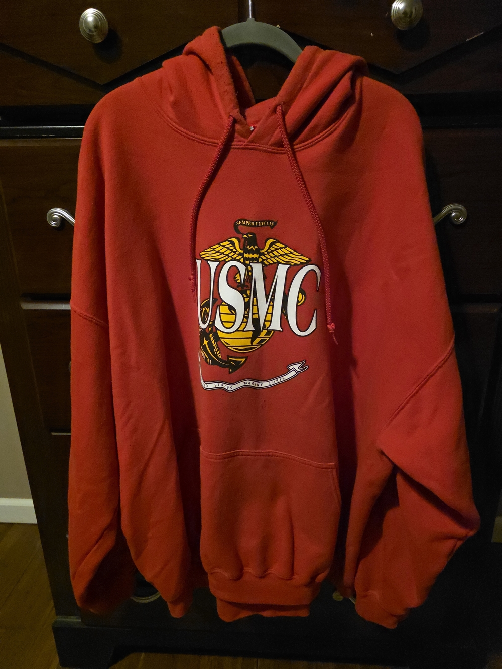 Mens USMC Red Pullover Hoodie - Marine Corps Logo Sweatshirt